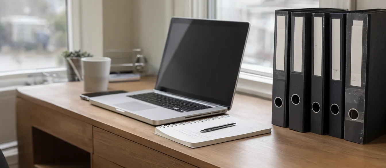 A tidy home office with a desk, a laptop and neat stacks of folders.
