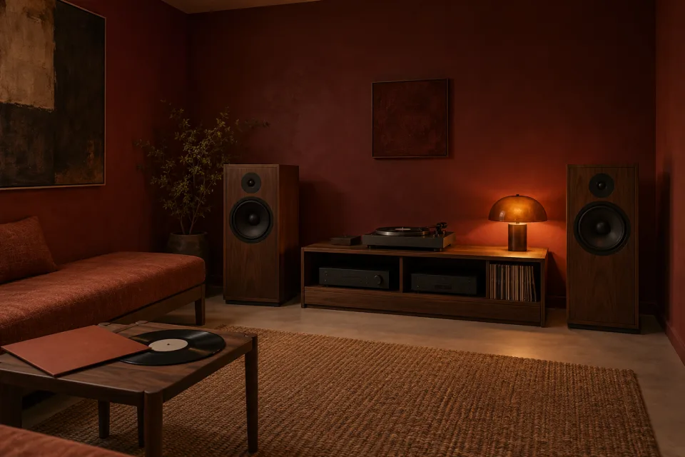 Imagined intimate room with walnut speakers, a low turntable shelf, rust wool bench and one amber lamp