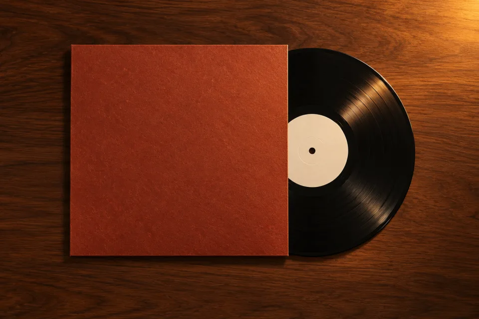 Complete rust-colored record sleeve and blank-label black vinyl on a walnut table in warm light
