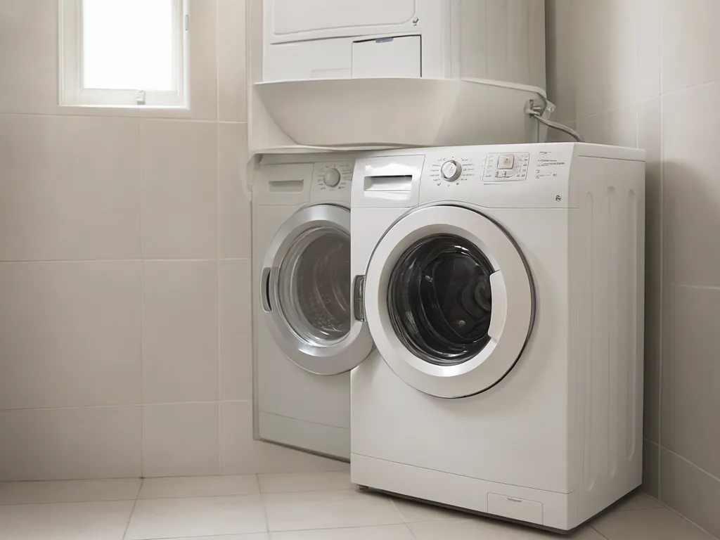 A front-loading washer with its service panel open on a tiled floor.