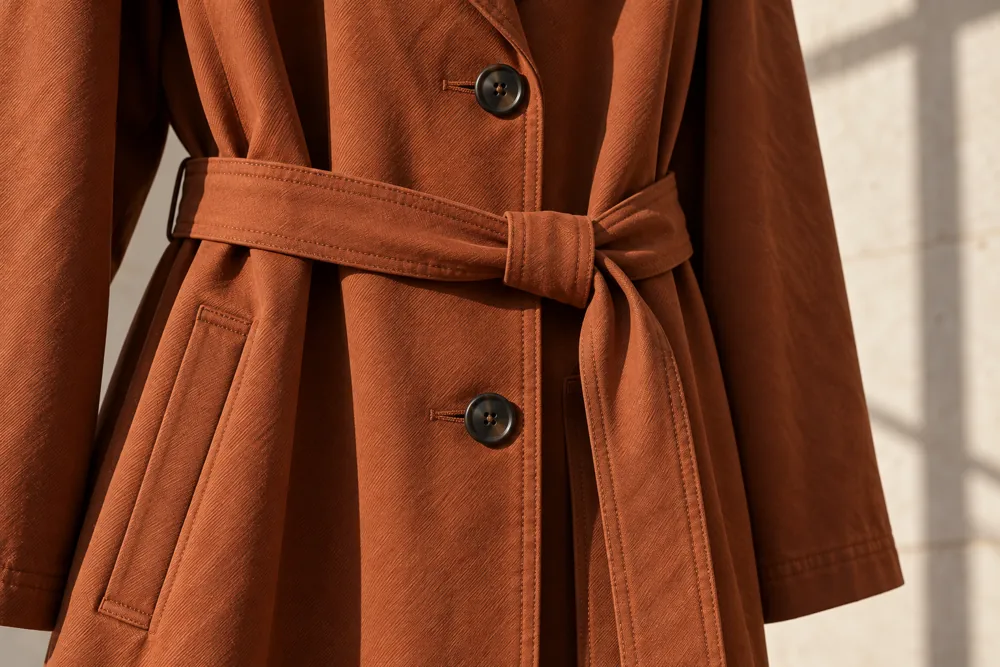 Close view of the rust trench’s belt, welt pocket, buttons and topstitching.