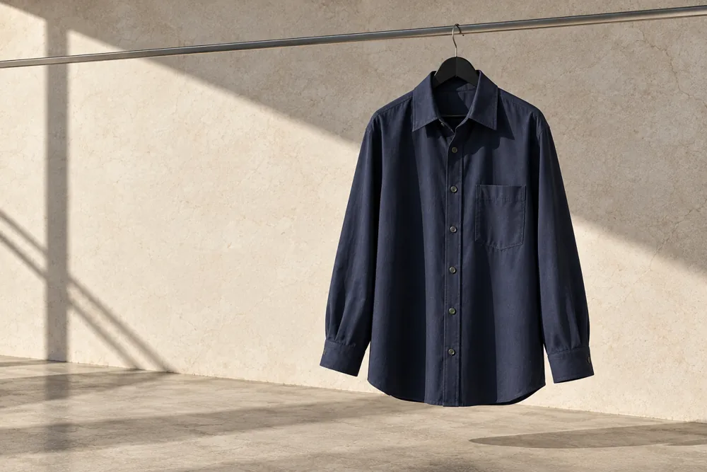 Indigo collared shirt with chest pocket and relaxed sleeves.
