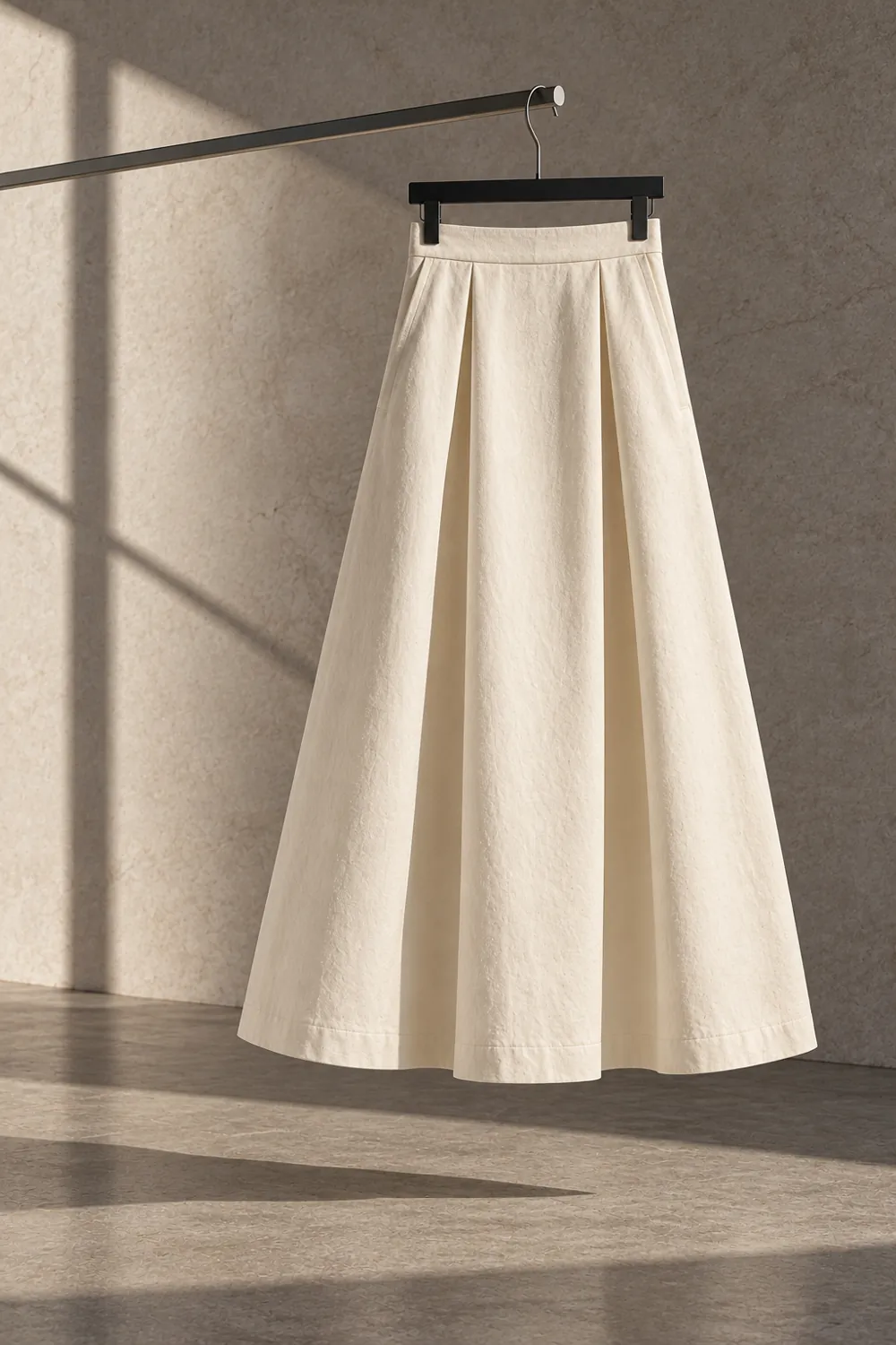 Ivory pleated A-line skirt hanging against a pale architectural wall.