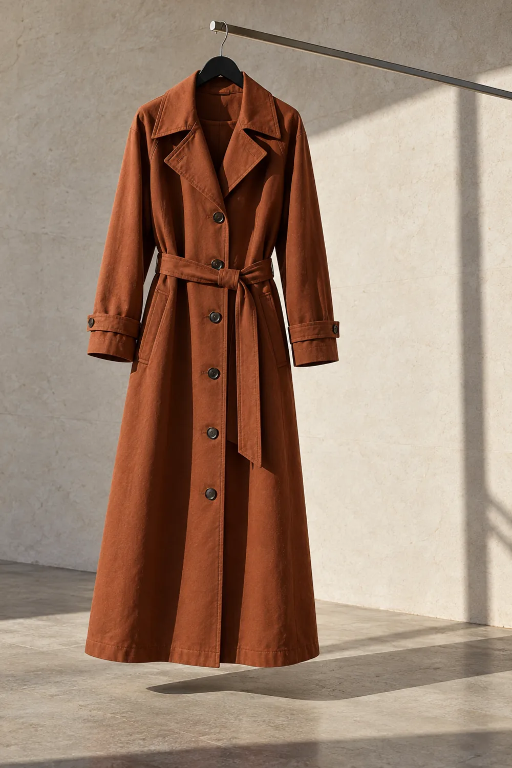 Rust trench coat with a loosely tied belt, hanging on a steel rail.