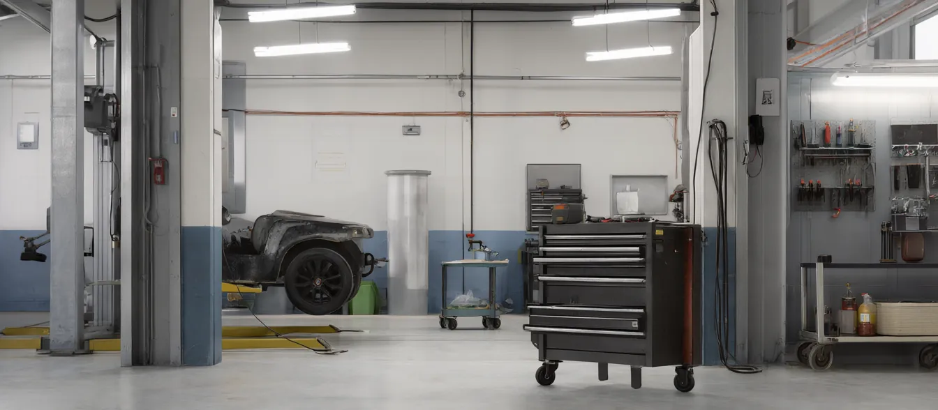 A car on a lift in a two-bay repair garage.