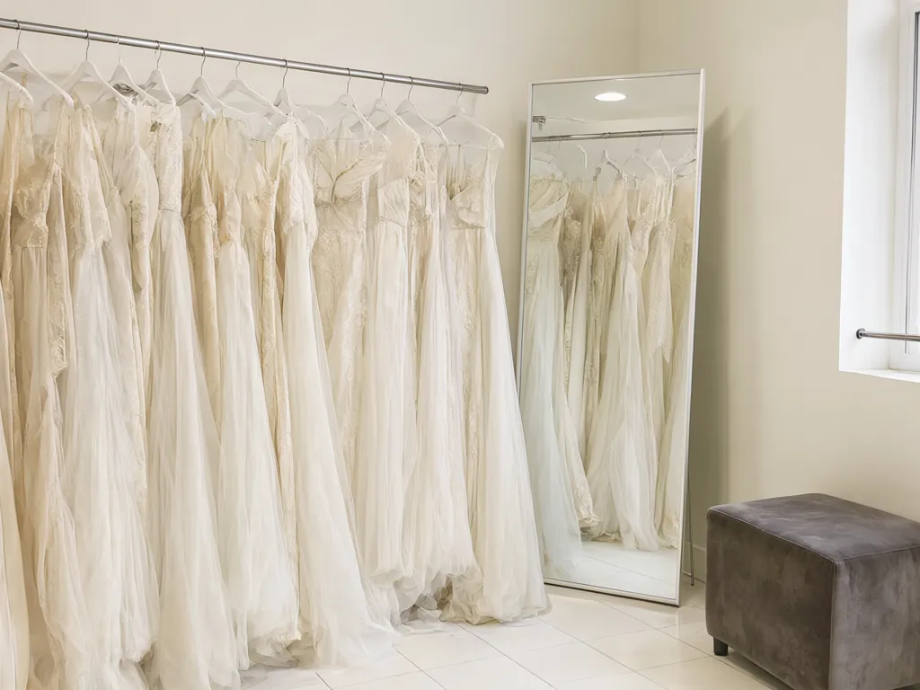 A rack of ivory gowns beside a tall mirror in a bright fitting room.