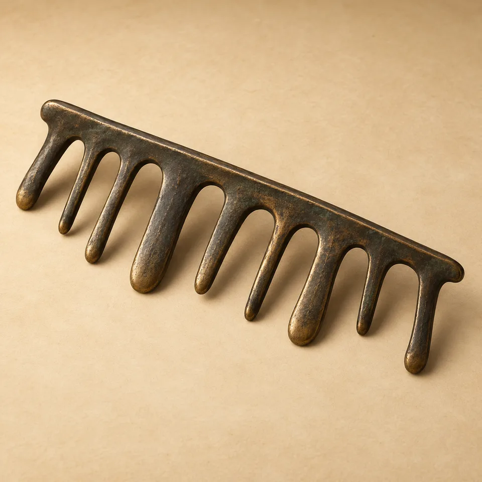Complete dark brass comb-like study with unequal rounded teeth