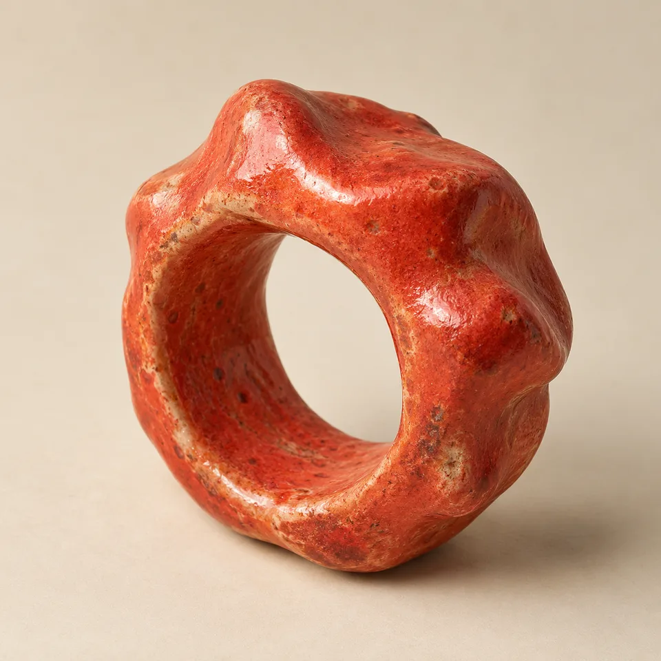 Complete irregular coral-red ceramic ring with a broad open center