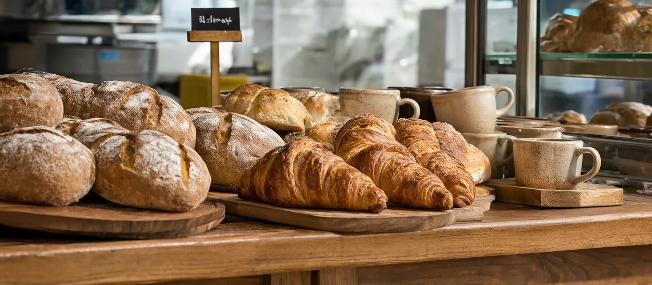 Fresh loaves and pastries on a wooden counter by the front window.