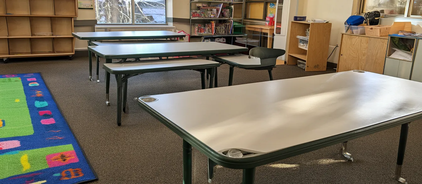 A bright preschool room with low tables, cubby shelves and a colorful rug.