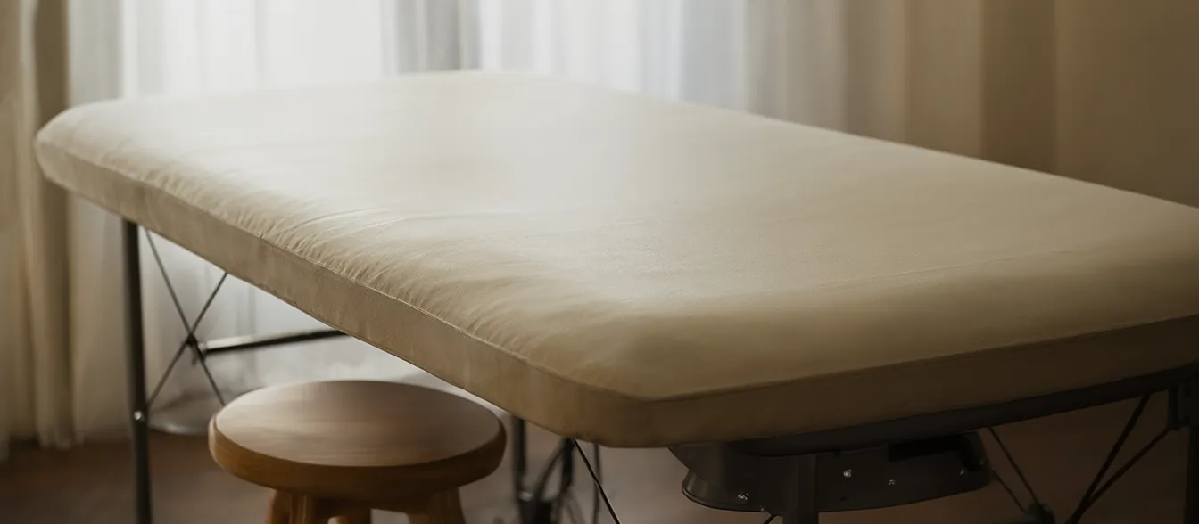 A treatment room with a padded table and soft window light.