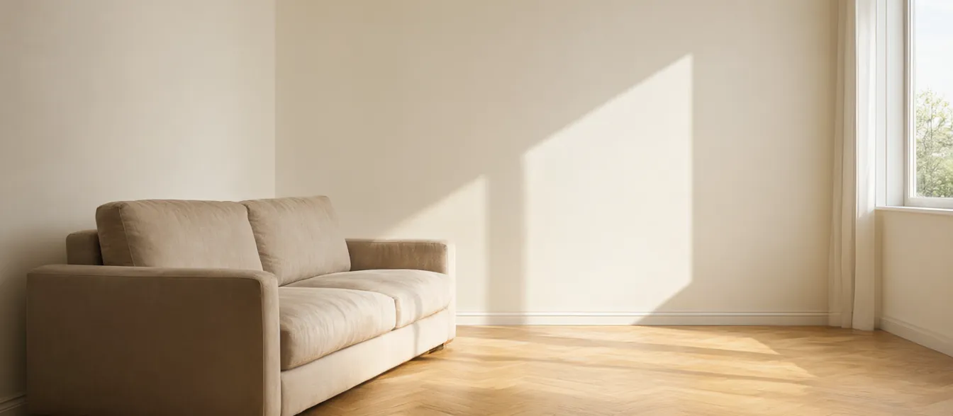 A tidy living room with a sofa, a coffee table and sunlight on the floor.