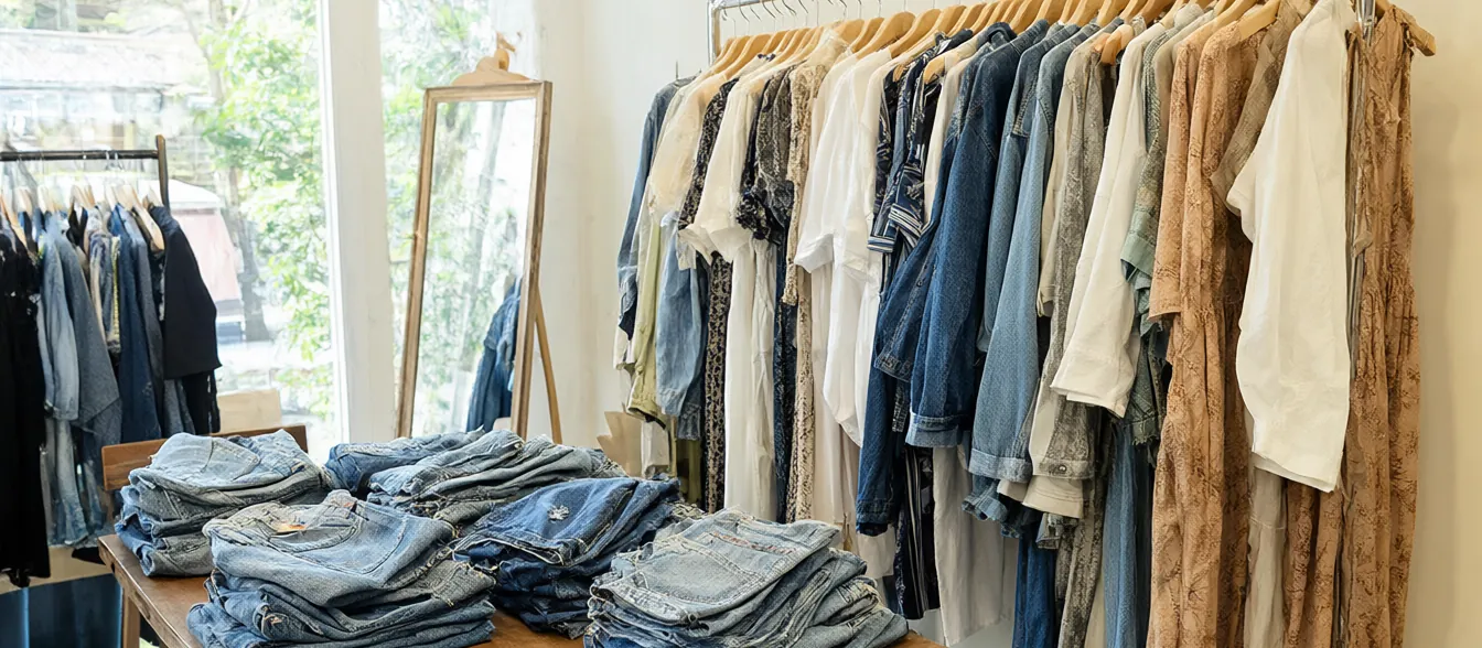 A rack of blouses and dresses beside a wooden table with folded denim.