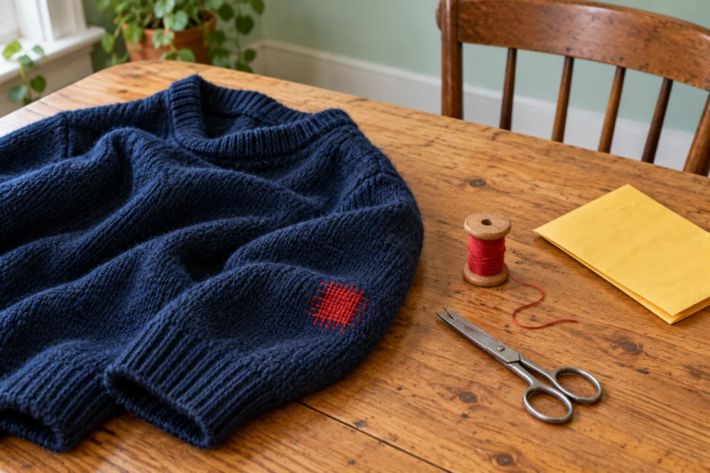 A navy sweater with a red darn, thread and closed scissors on the community table.