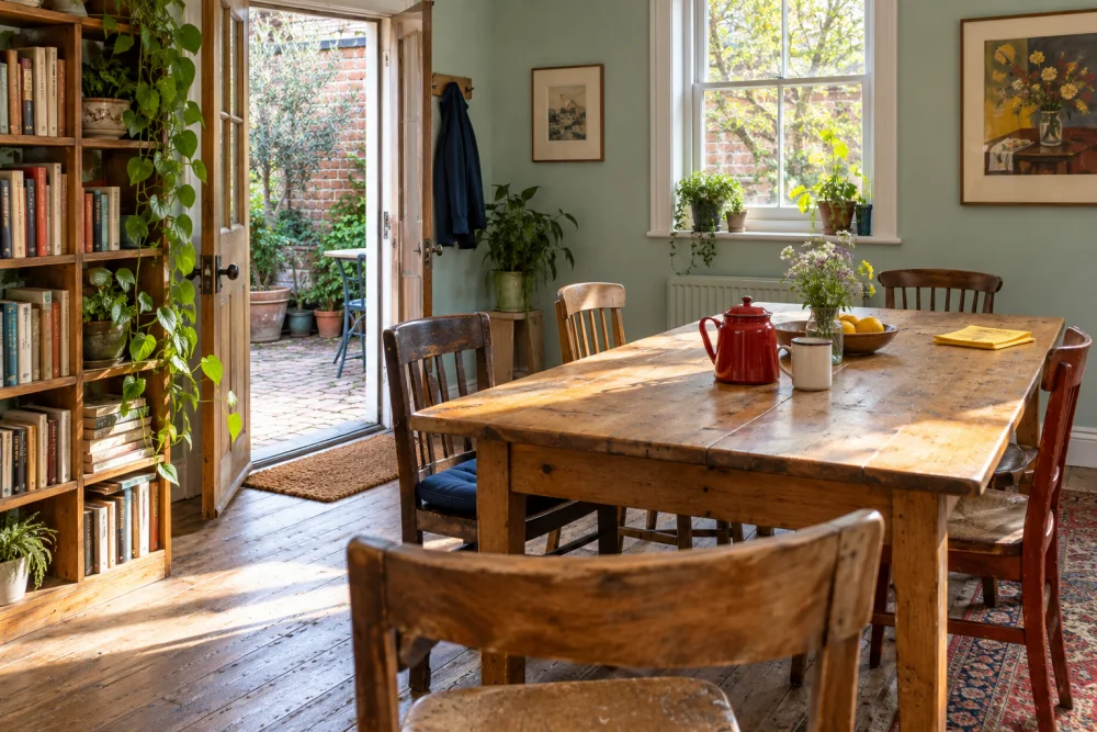 A long wooden table, mismatched chairs and an open courtyard door in the fictional neighborhood room.