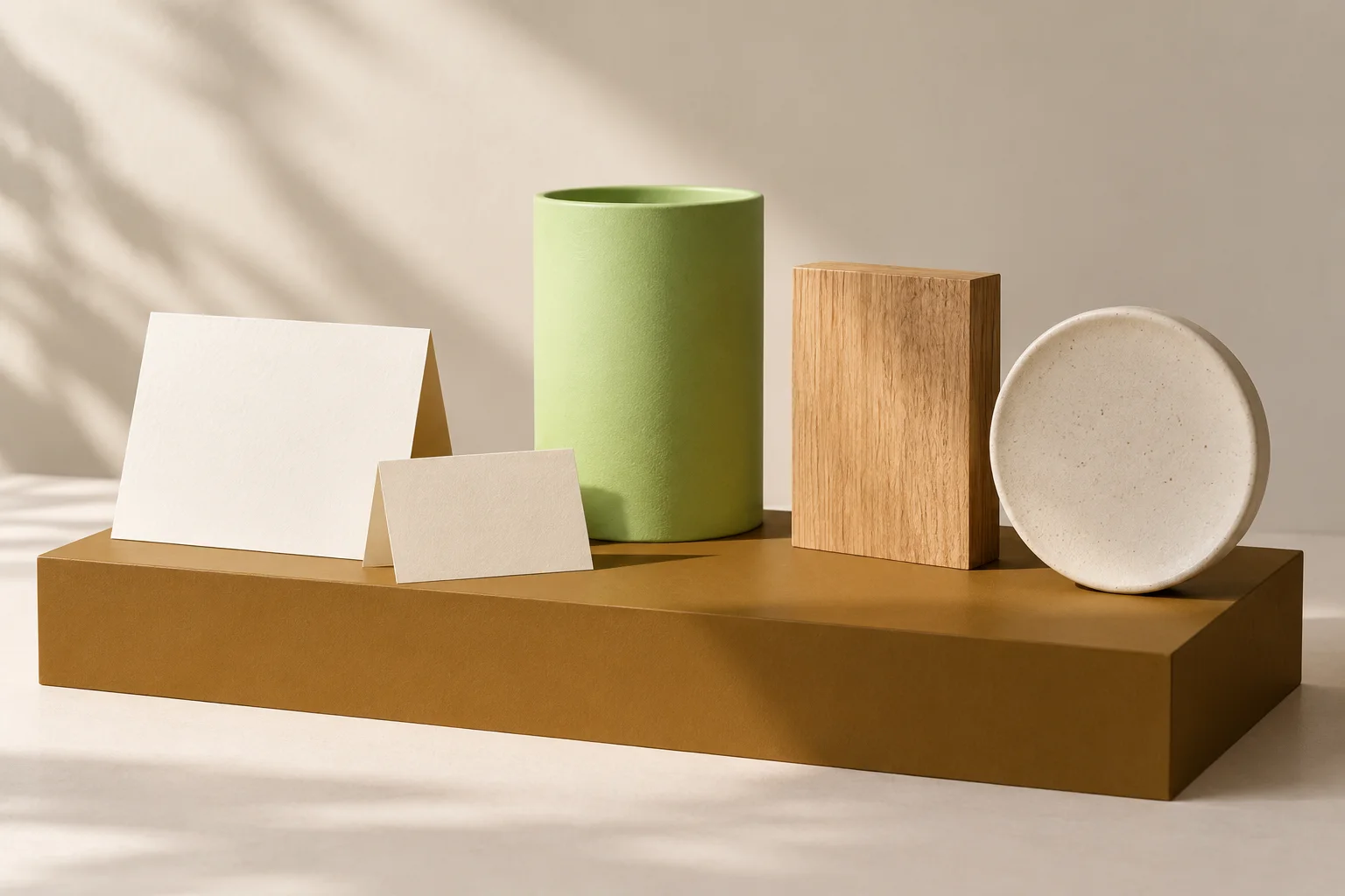 Illustrative display objects and blank cards arranged on a studio shelf