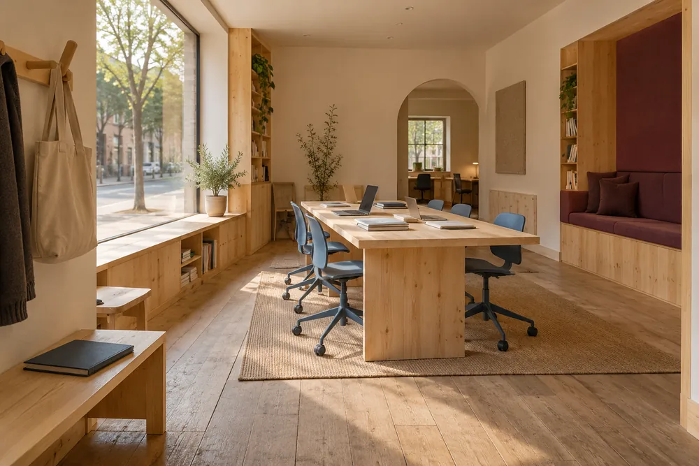 Entry detail in the imagined workspace: pine bench, coat hooks and street-facing window.
