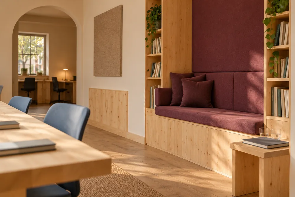 Closer view of the same plum conversation alcove, with the shared table and rear arch visible.