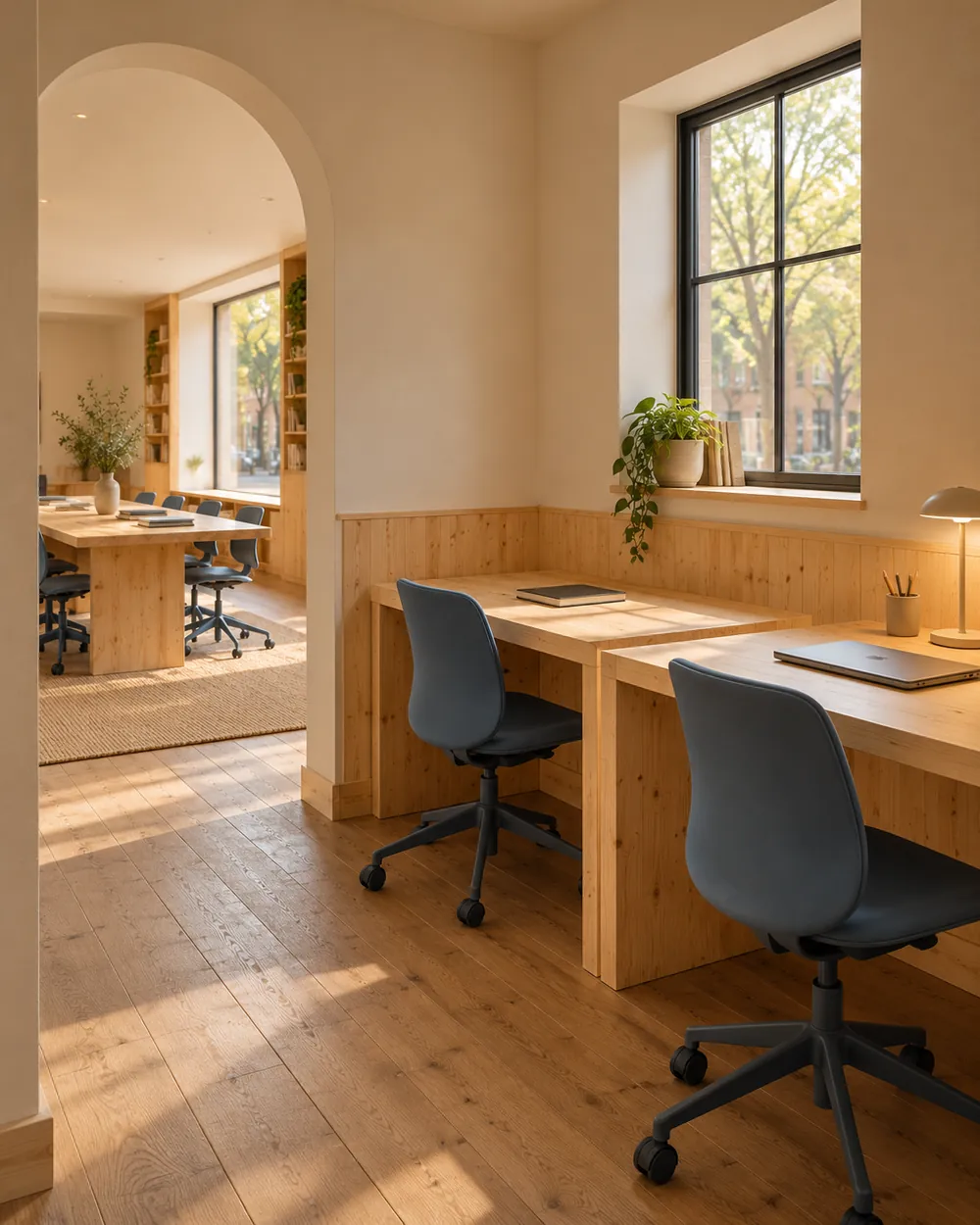 Imagined quiet desk room with blue-gray task chairs, pine desks and the connecting arch.
