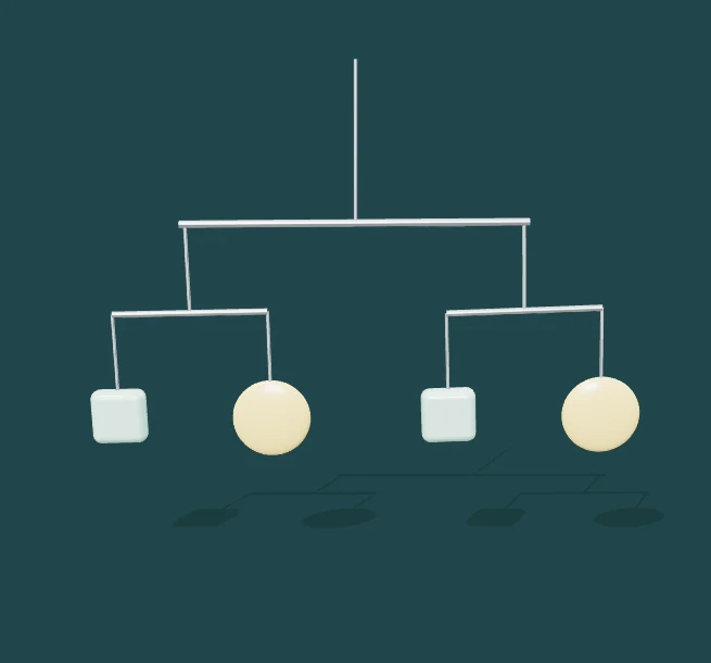 A hanging sculptural mobile with balanced rods and colored shapes. Select Play to interact.