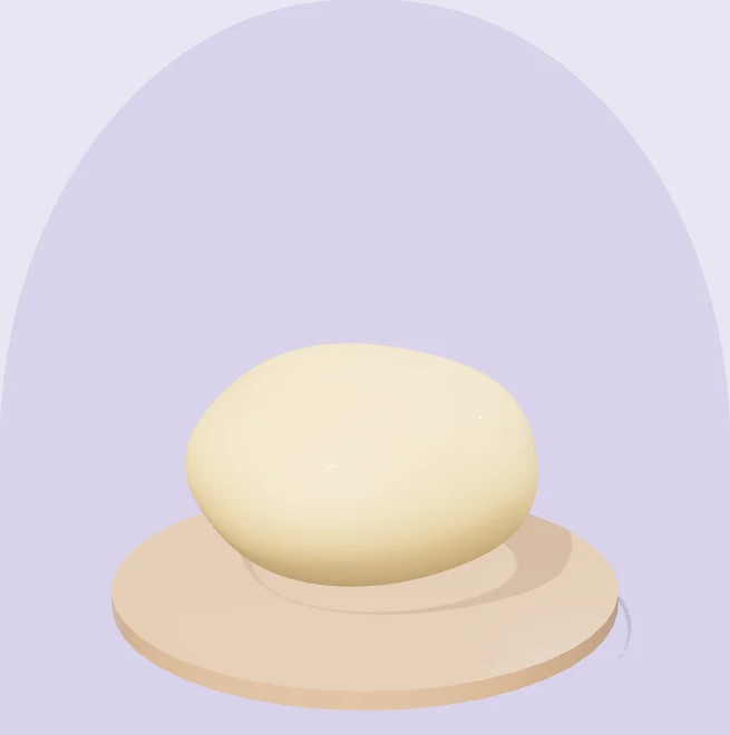 A soft sculpted ball of bread dough on a wooden board. Select Play to interact.