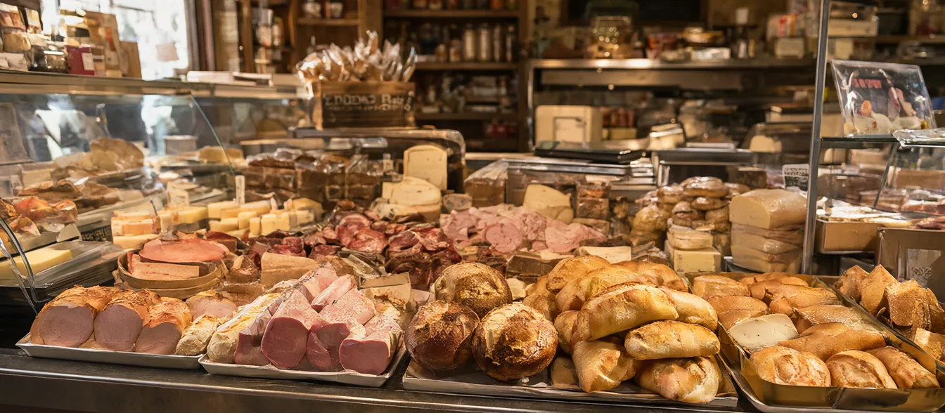 The deli counter with fresh rolls and a case of prepared salads.
