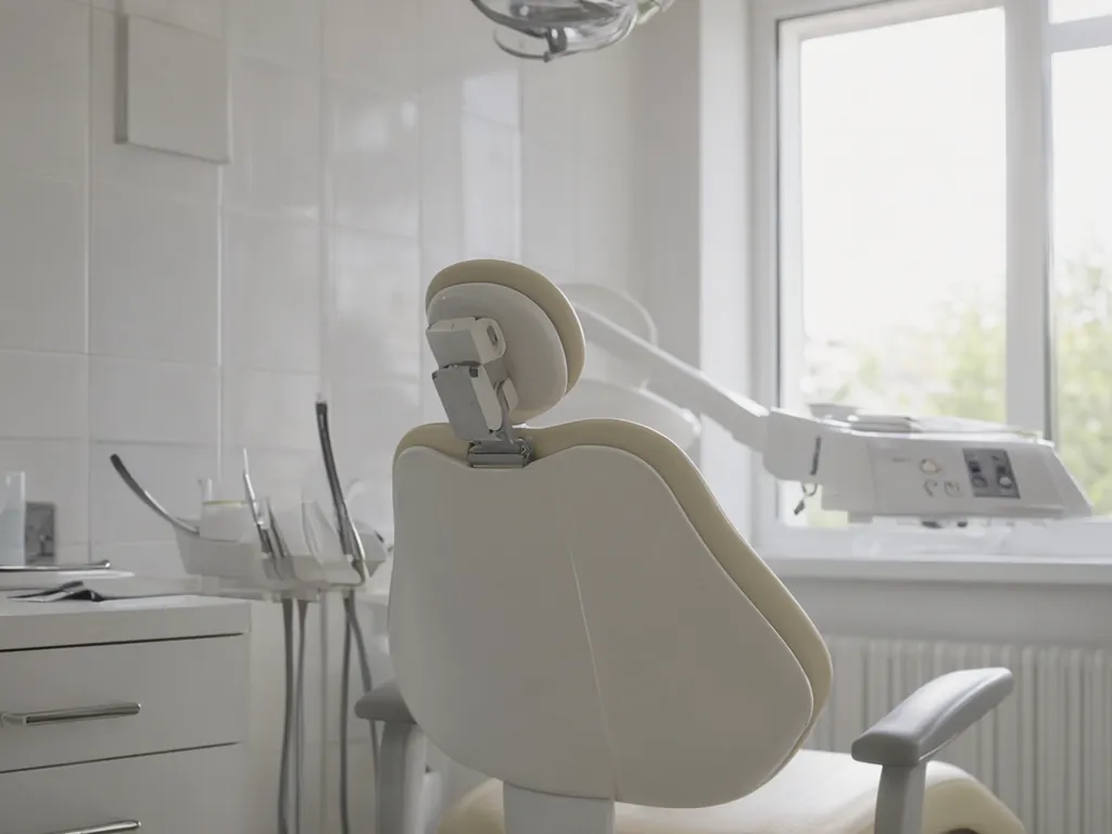 A treatment room with a dental chair beside a window.