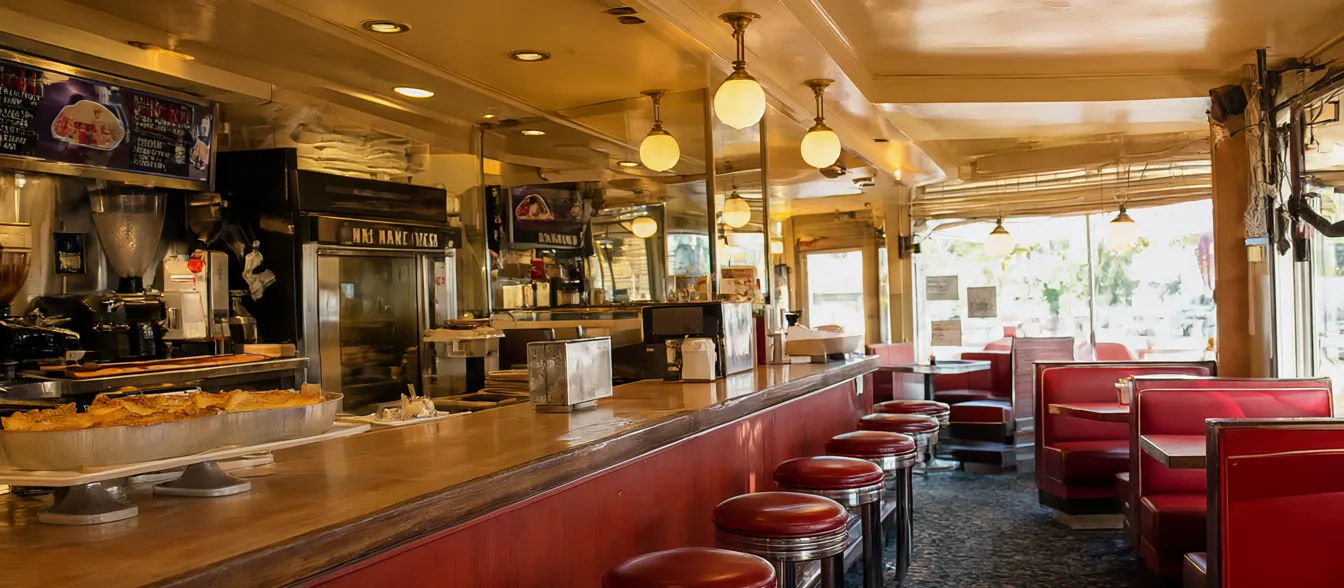 A diner counter with red stools, a pie case and booths by the window.
