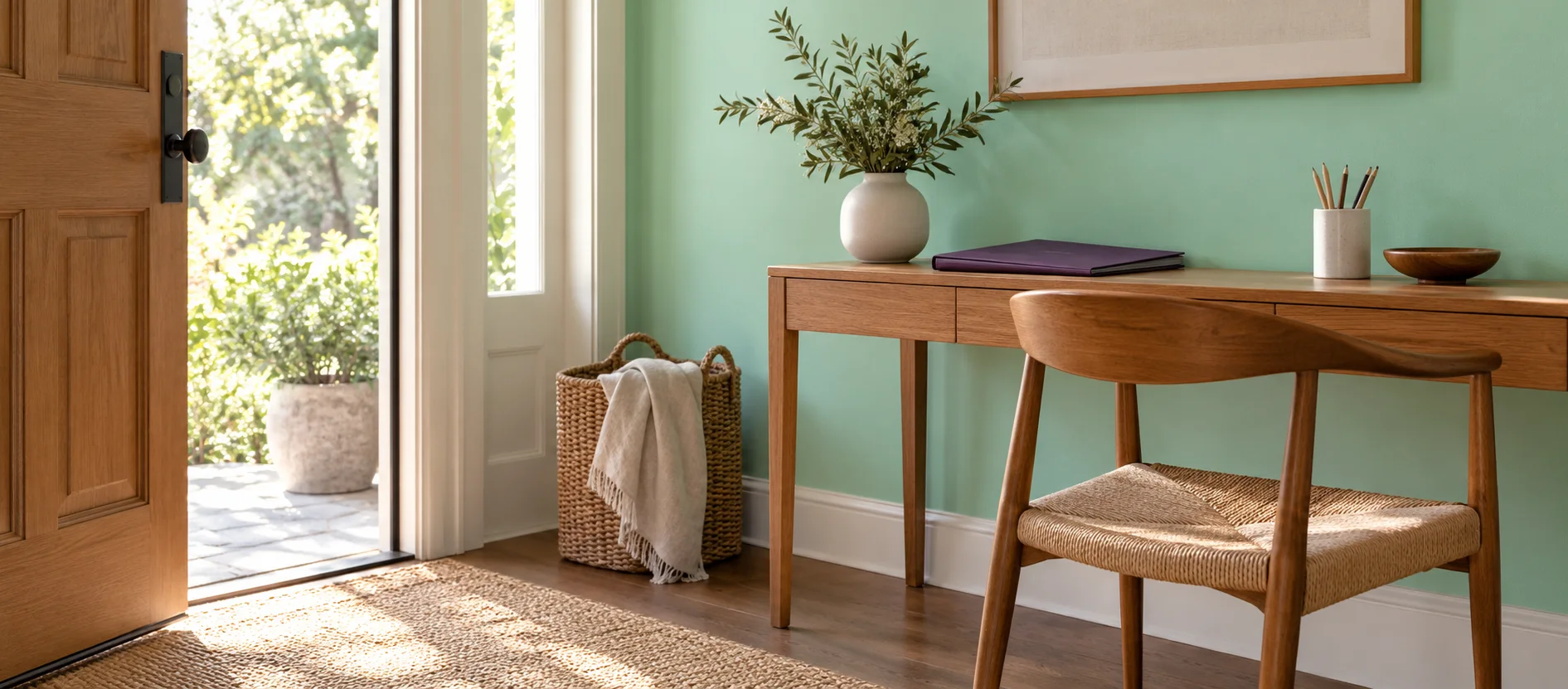 Generated illustrative entryway with a practical desk, wood chair and small everyday objects.