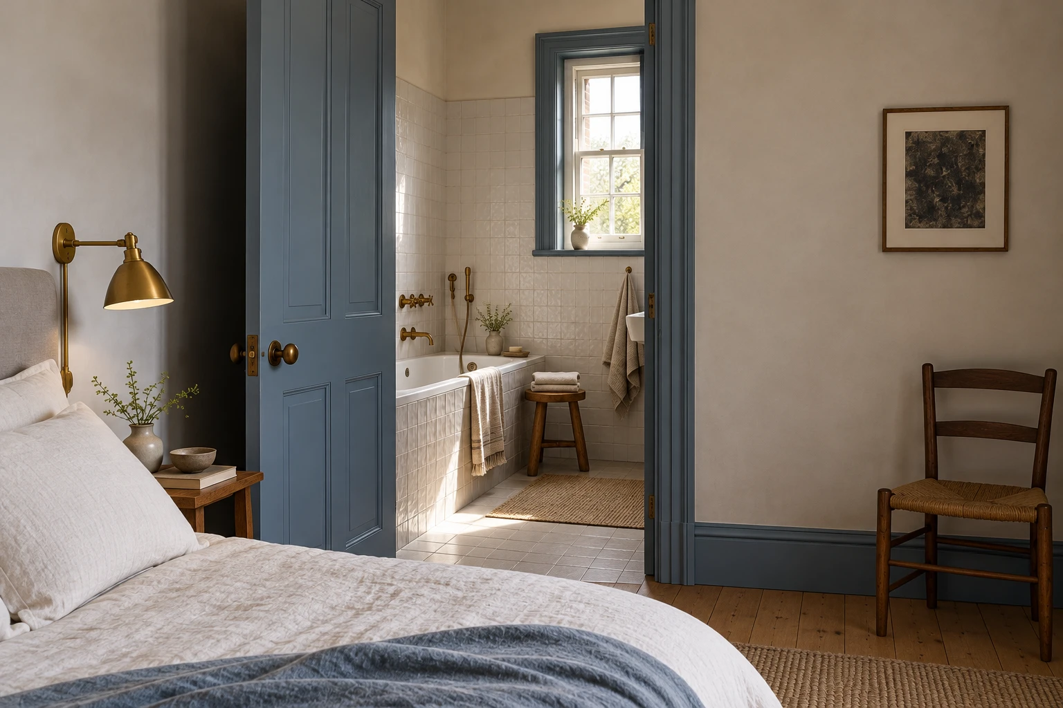 Quiet bathroom with blue door, pale tile and brass fittings