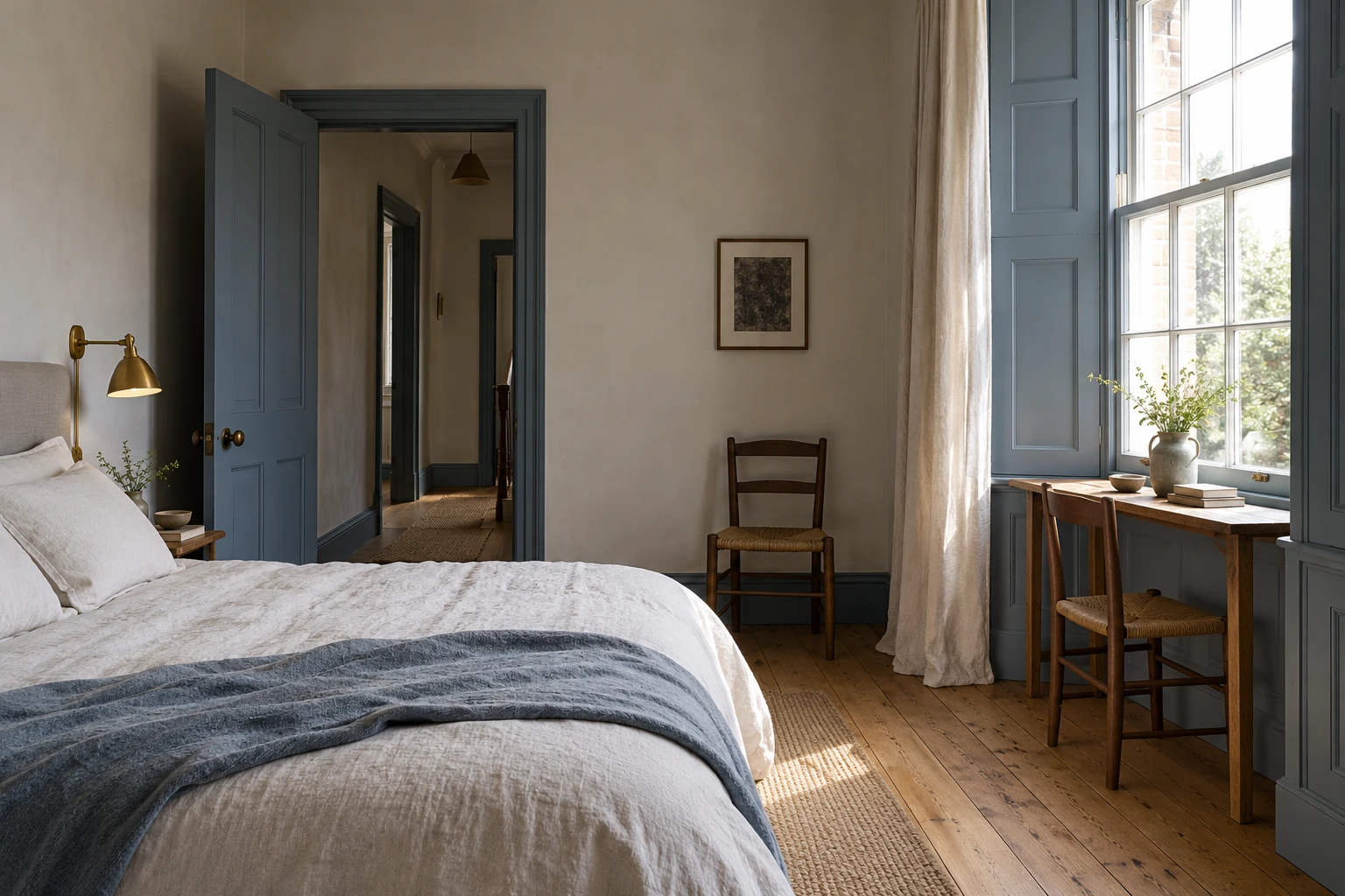 Garden Room with linen bed, blue shutters and a tall window
