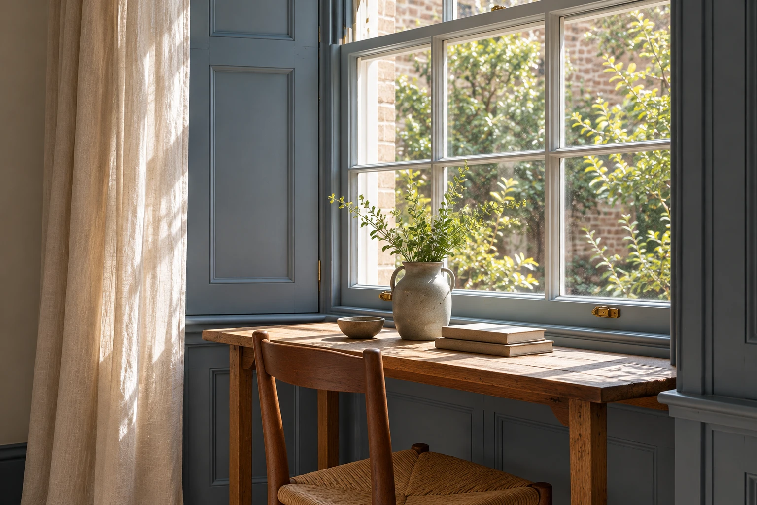 Close view of the blue window joinery and linen curtain
