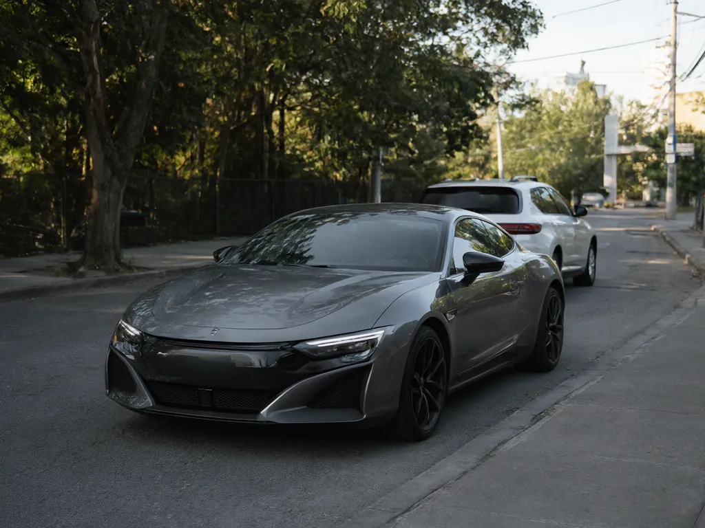 A dual-control practice car parked on a quiet residential street.