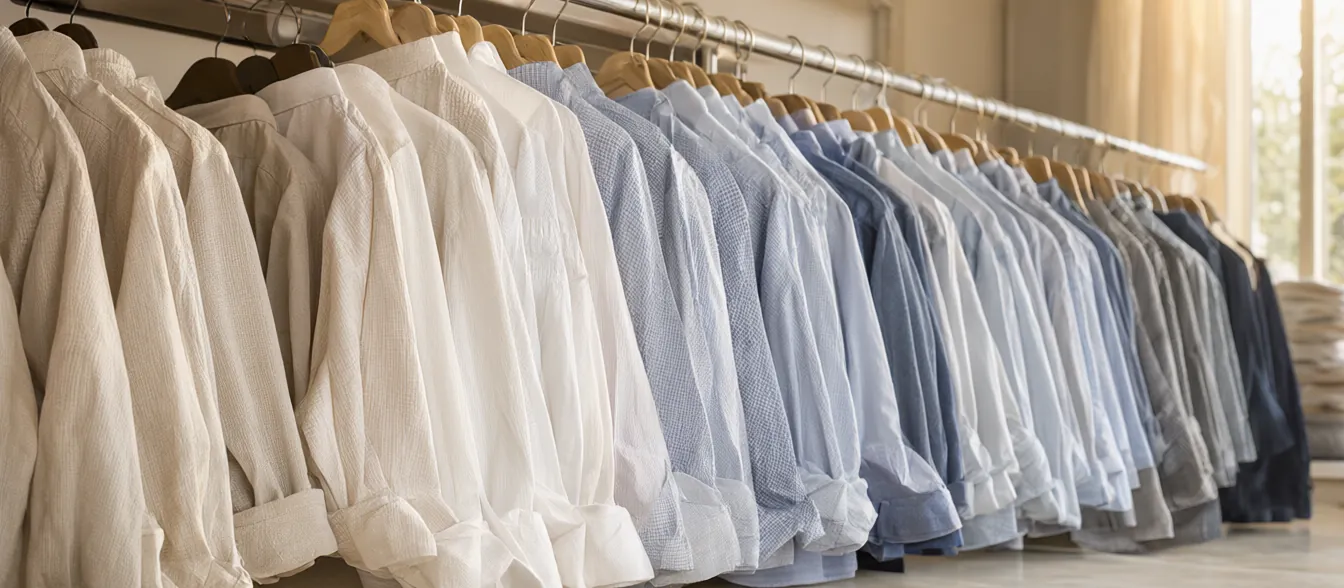A rack of pressed shirts and dresses behind the counter.