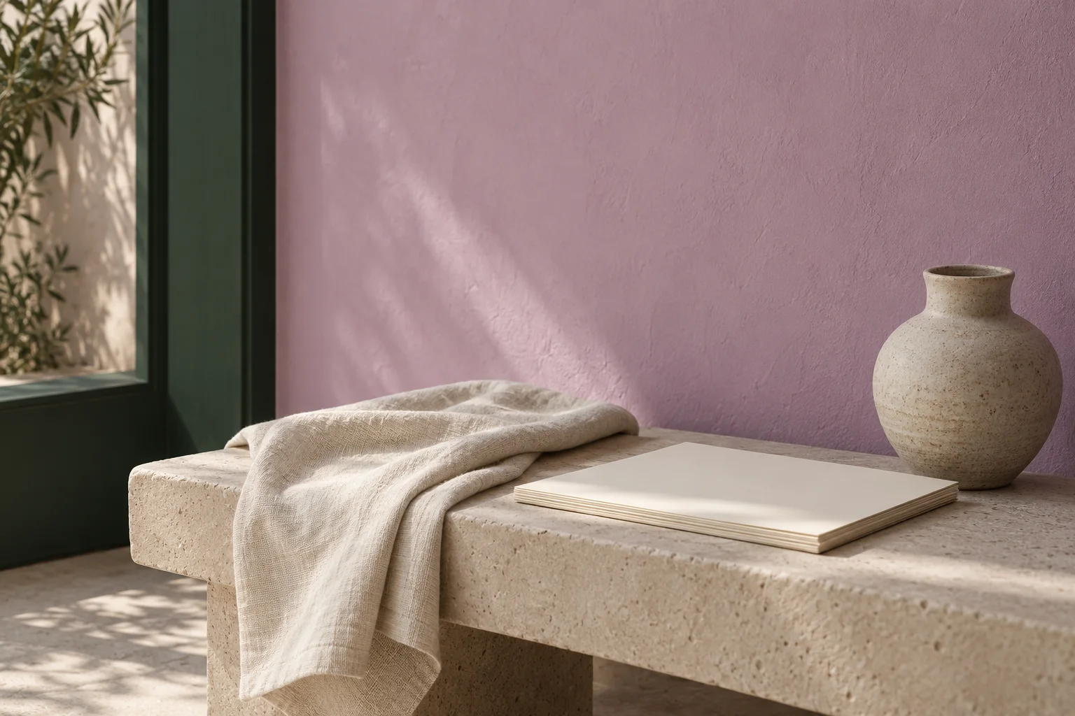 Illustrative quiet tabletop with folded linen, paper and a ceramic vessel