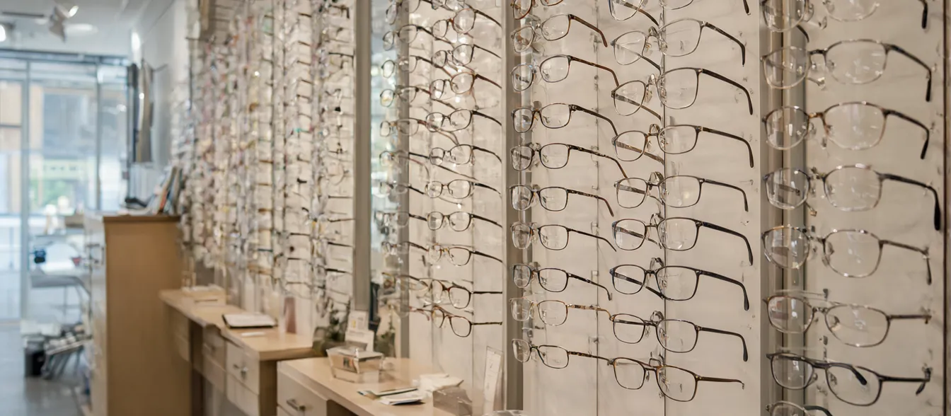 The dispensary with a wall of eyeglass frames and a display case.