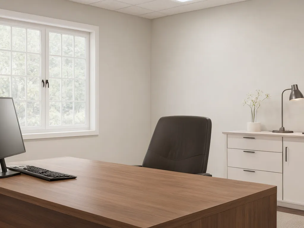 A bright exam room with a wooden desk and a window.