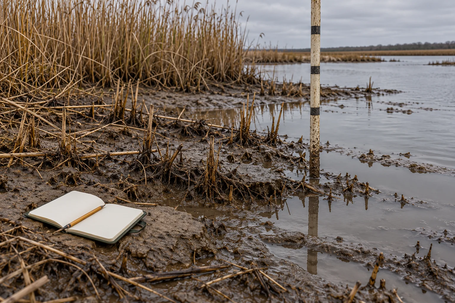Illustrative marsh plate: wet mud, tawny reeds, a banded staff and an unmarked notebook at the water edge.