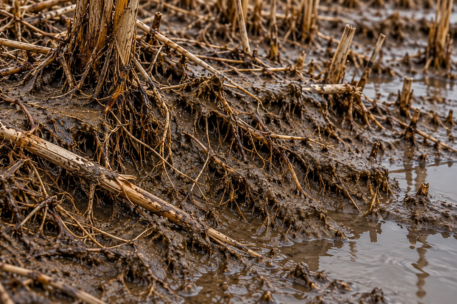 Illustrative close plate of exposed reed roots and fine wet sediment beside shallow water.