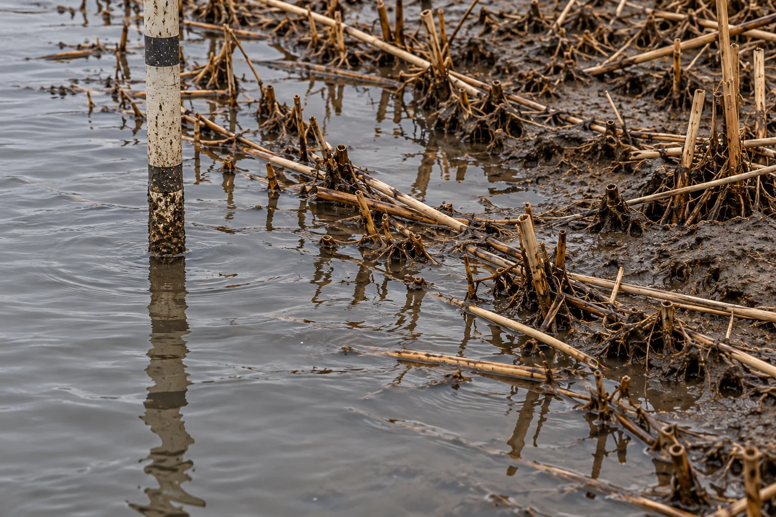 Illustrative plate of a banded staff reflection interrupted by small ripples at the reed margin.