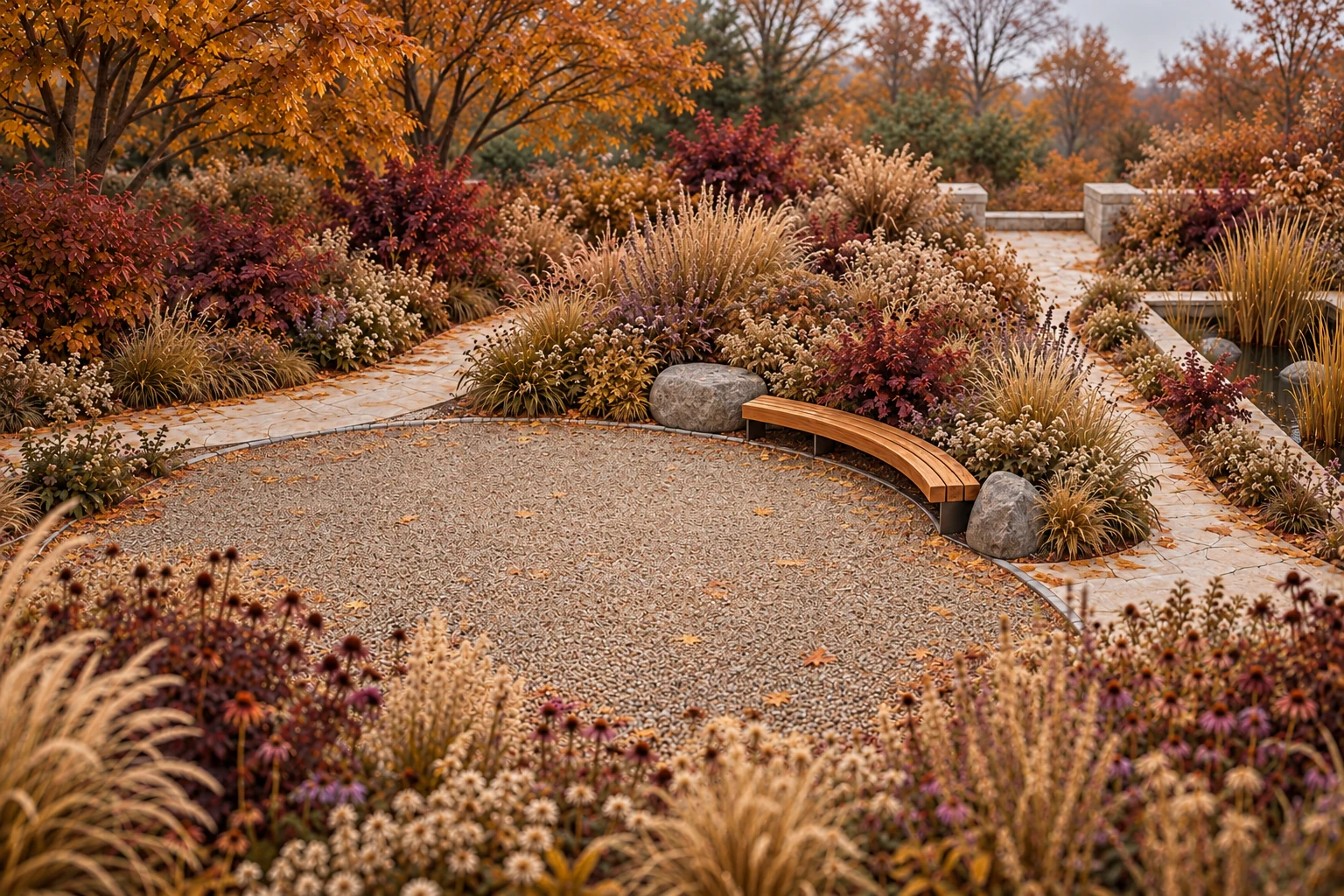 The same conceptual clearing in late autumn, with standing seed heads, amber foliage and the original curved timber bench.