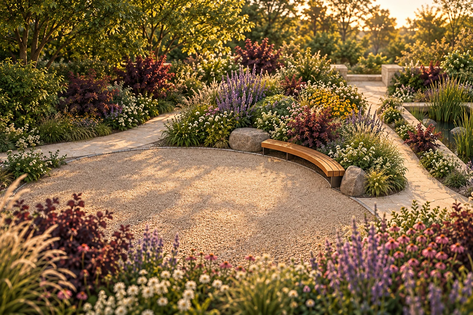 Concept view into the central gravel clearing, with a curved timber bench and mixed planting.