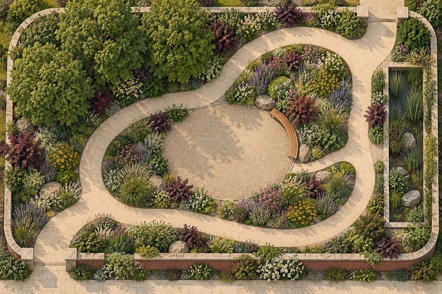 Original concept plan: a limestone loop around a gravel clearing, existing tree crowns at upper left and a planted water edge at right.