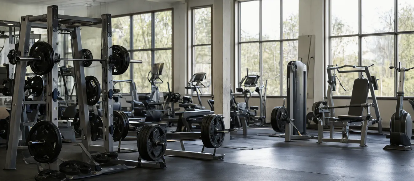 A row of weight racks and cardio machines near tall front windows.