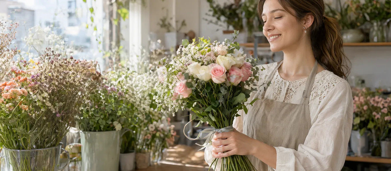 A hand-tied bouquet of seasonal flowers on a wooden counter.