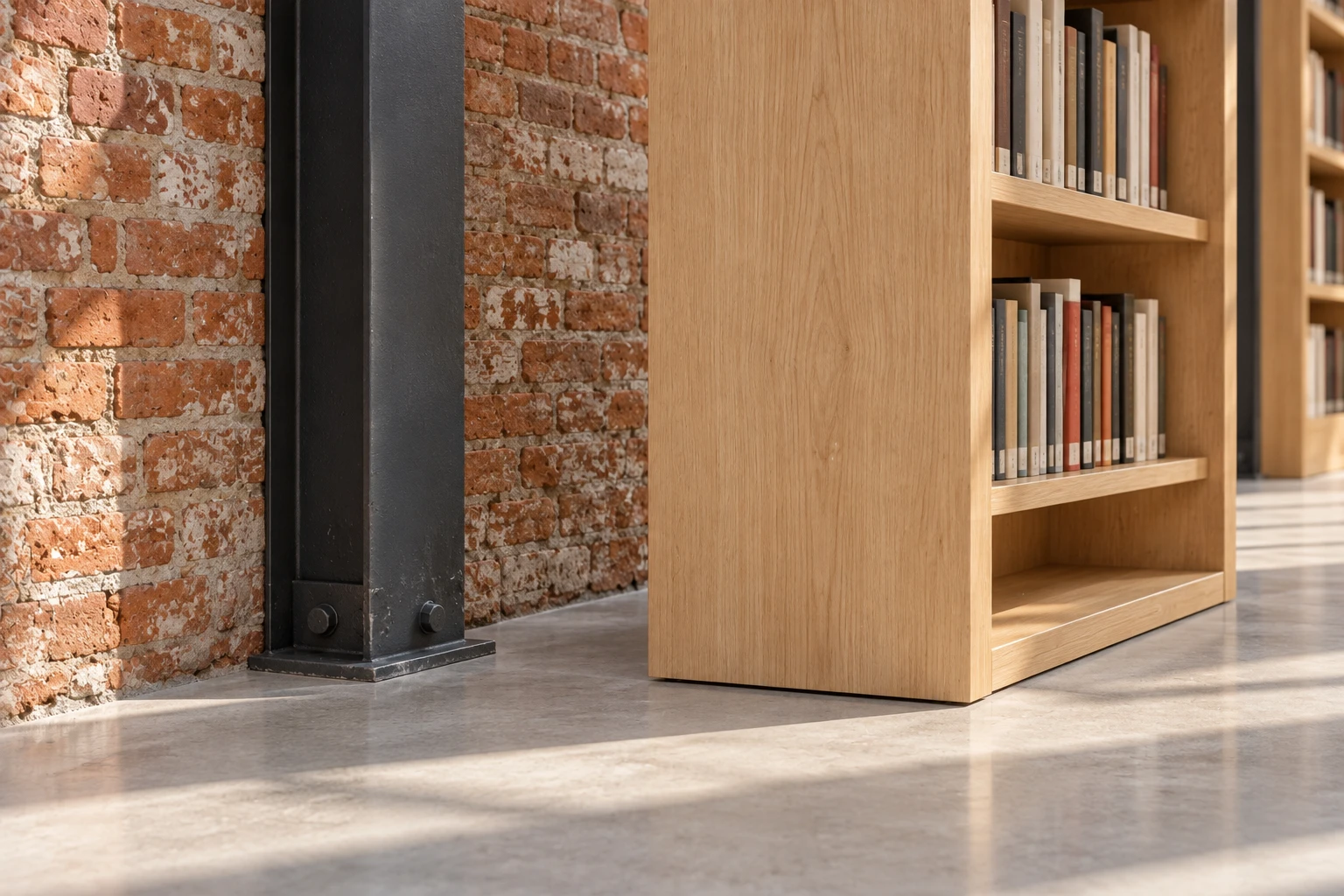 Oak bookcase end standing separately from retained brick and steel