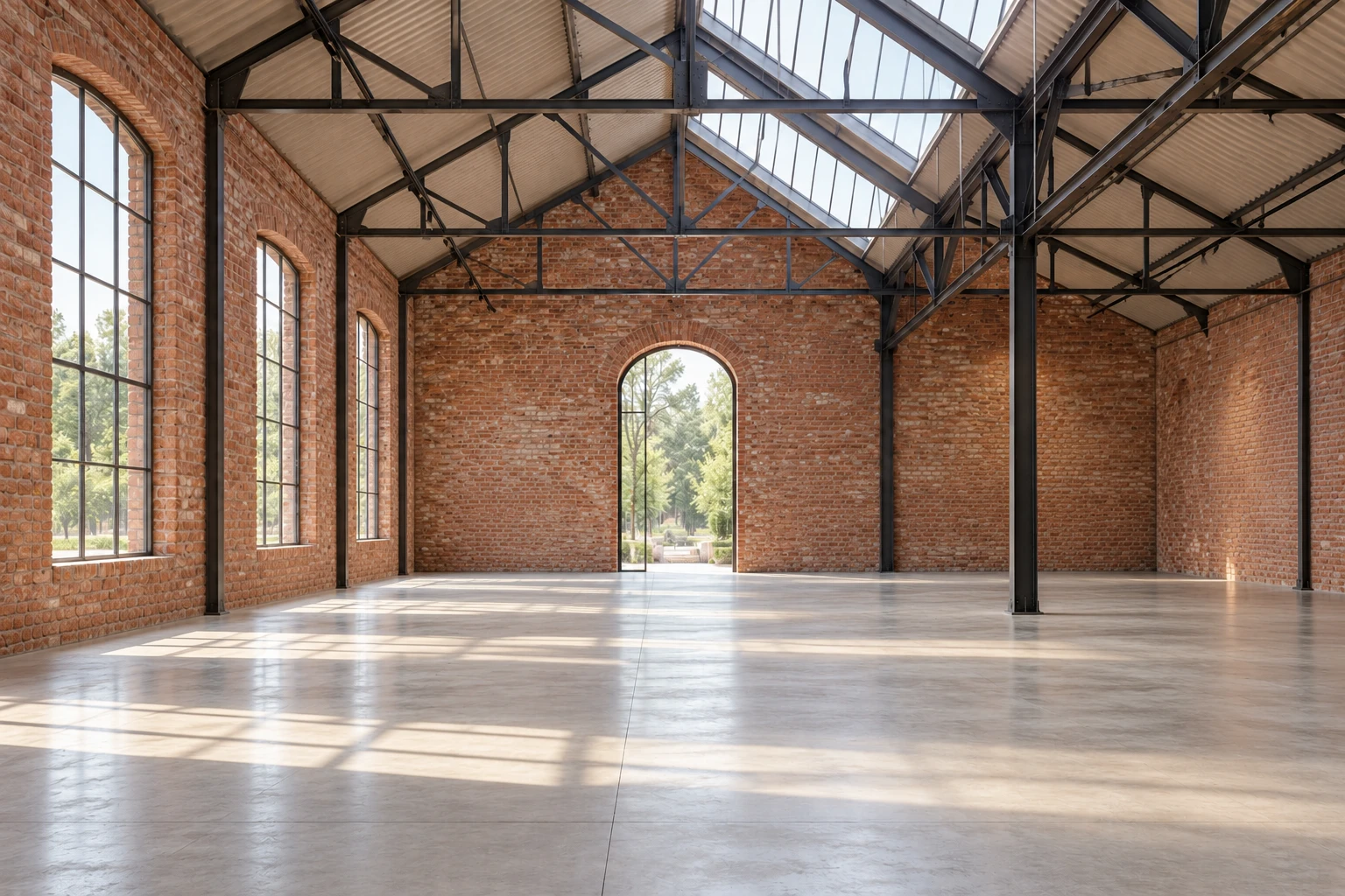 The same warehouse shell empty of the proposed library furniture