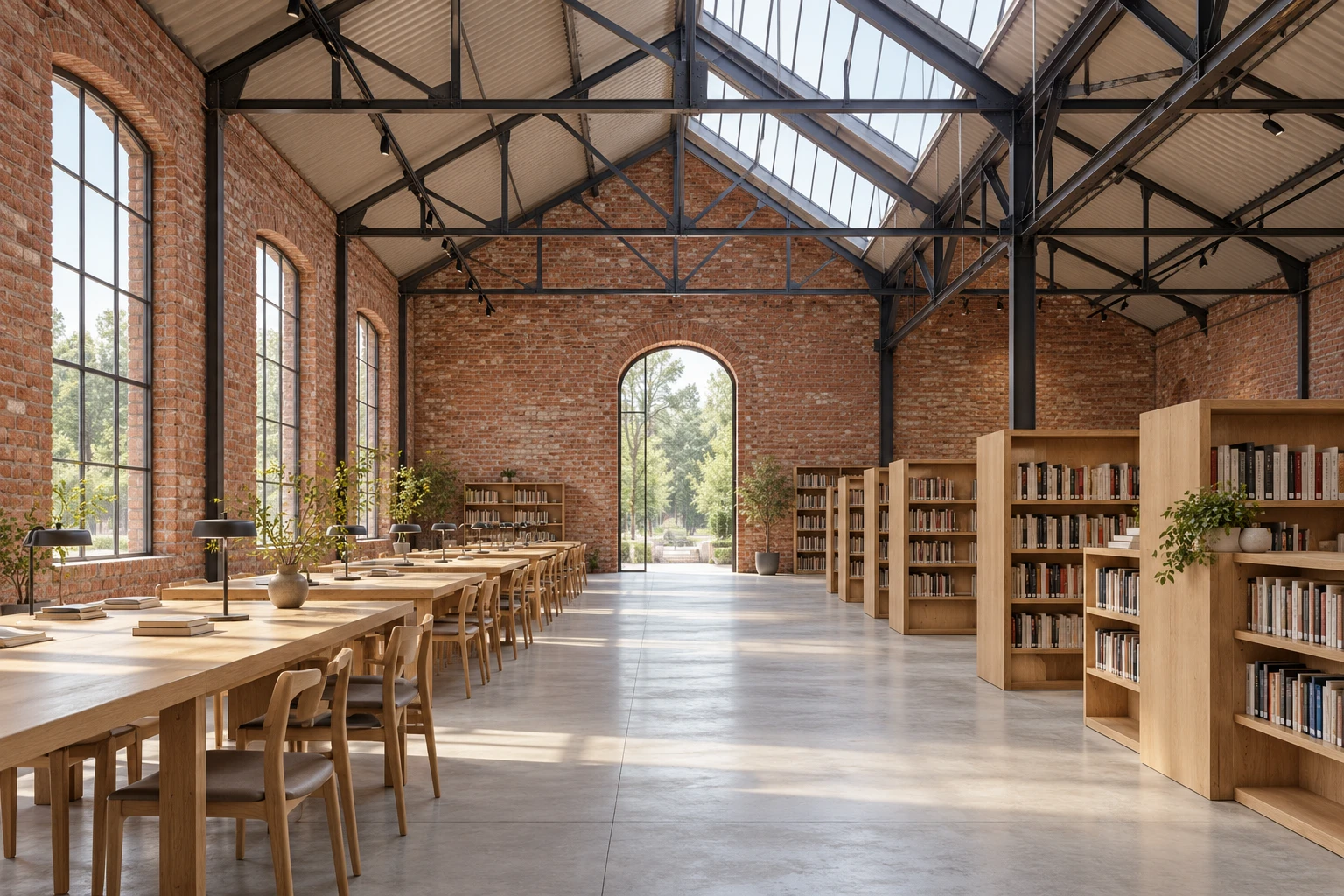 Brick warehouse library with reading tables left, a central aisle and low oak shelves right