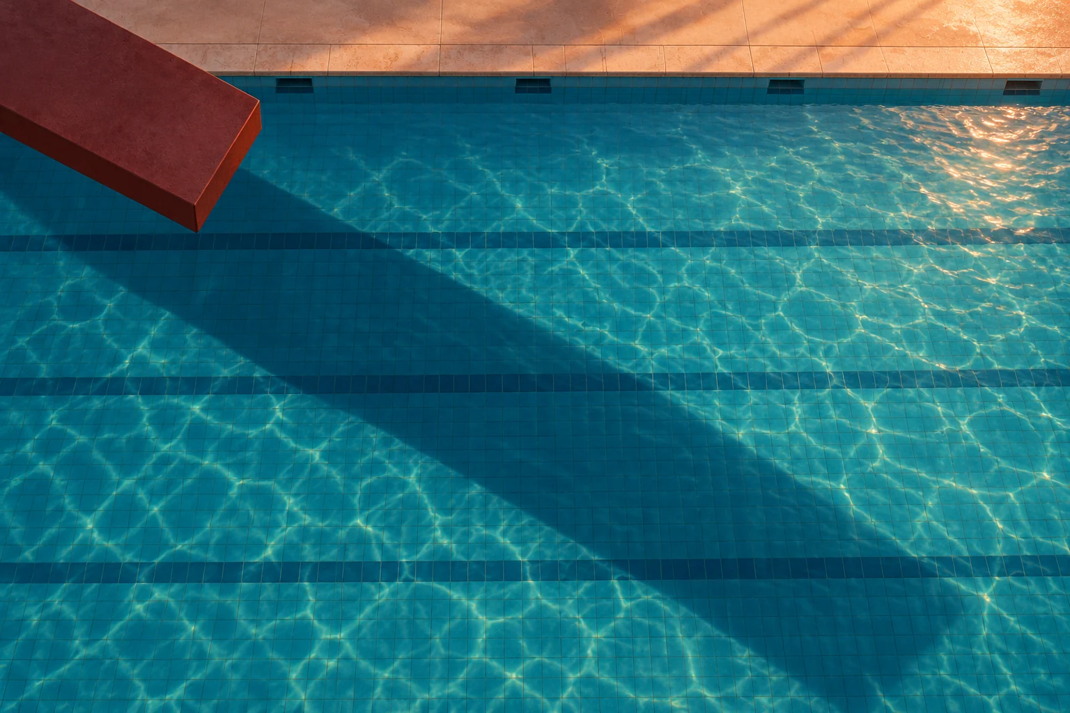 The diving platform shadow crosses luminous turquoise tiles seen from above.