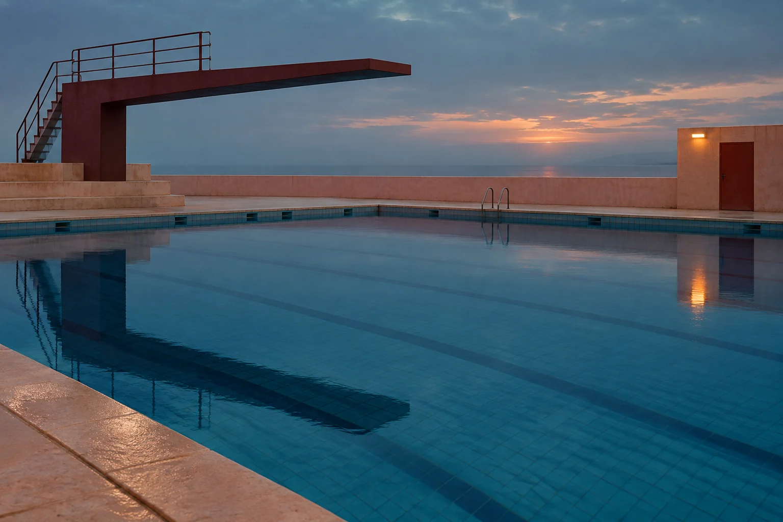 Empty blue pool at dawn, with an oxblood diving platform and still reflections.